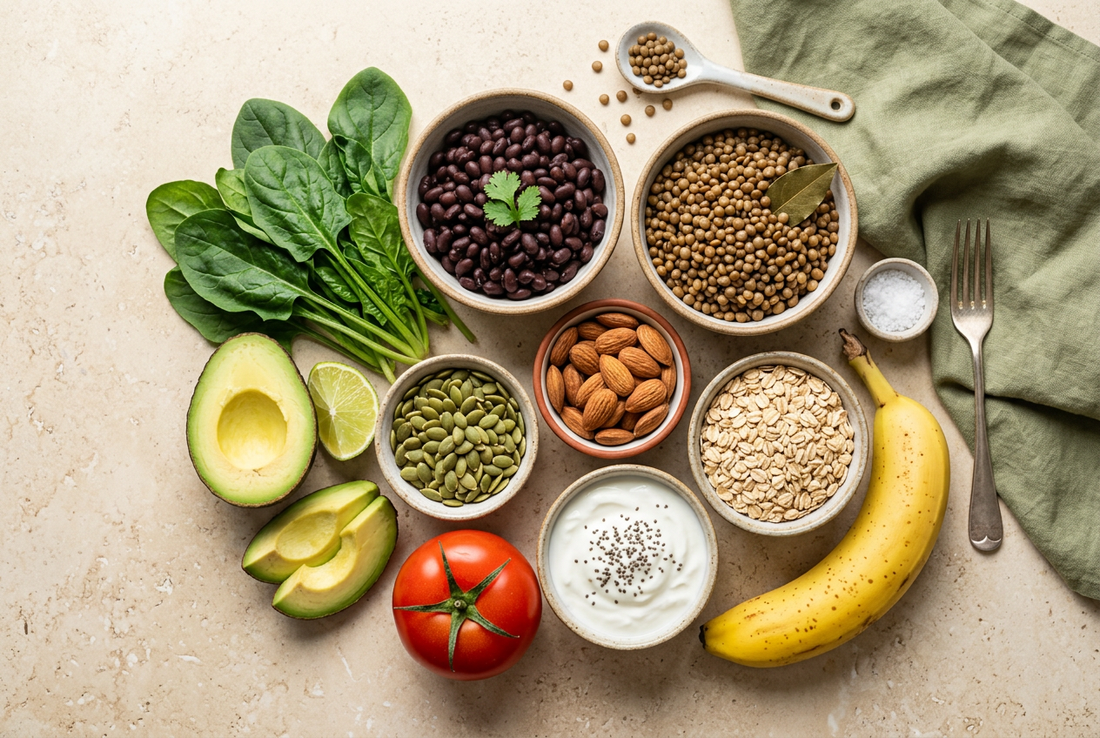 Frijoles, lentejas, semillas, avena, yogur y verduras para una alimentación variada.